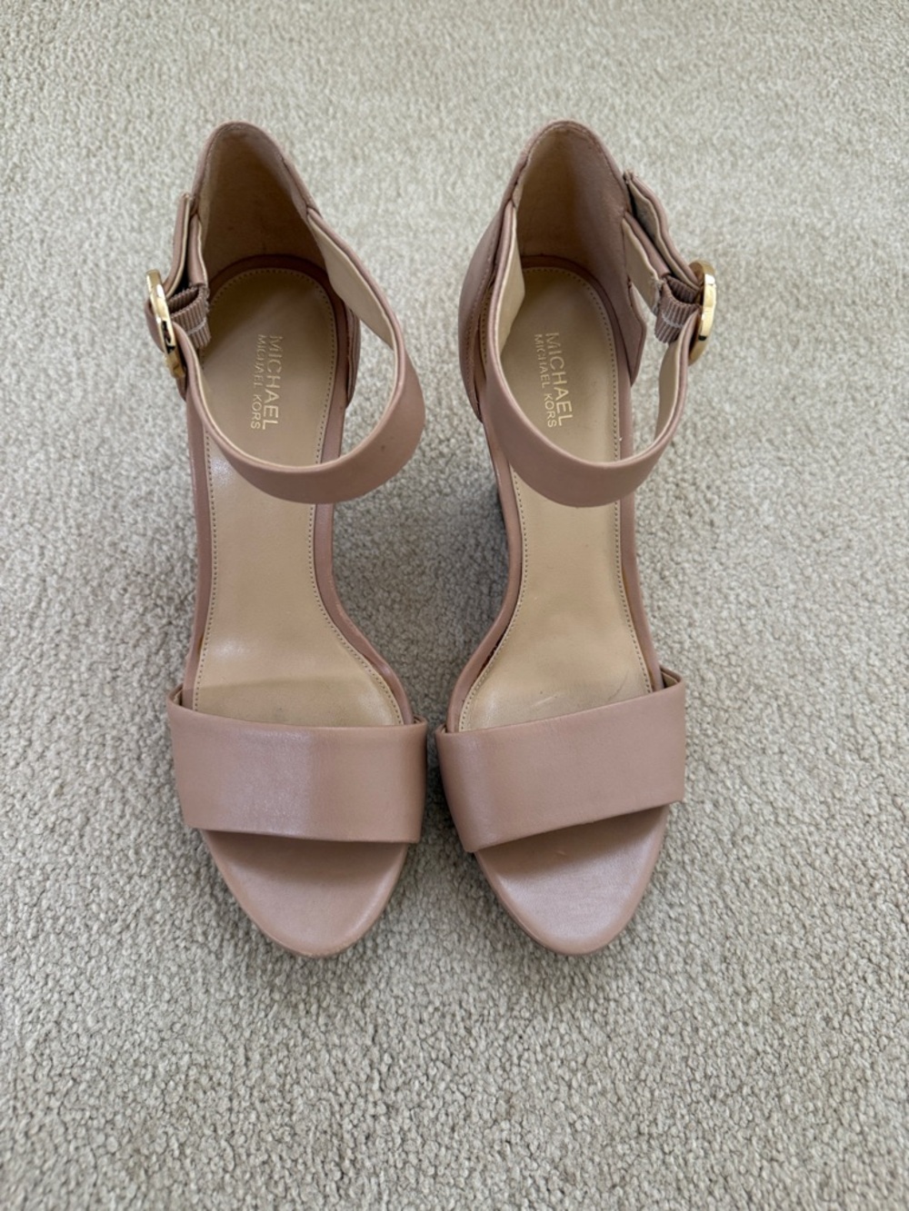 Michael Kors Nude Leather Ankle-Strap Block Heels